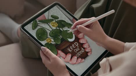 Artist-Drawing-Plants-at-Home-Room-or-Woman-Using-Tablet-and-Pen-for-Digital-Art