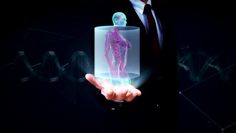 Businessman-open-palm,--front-Female-body-scanning-blood-vessel-system.