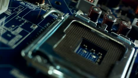 CPU-socket-and-processor-on-the-motherboard.-Focus-on-the-motherboard