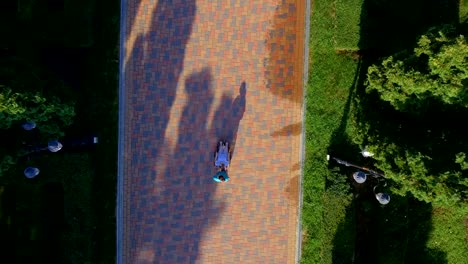 Aerial-footage-of-senior-woman-on-wheelchair-with-caring-caregiver