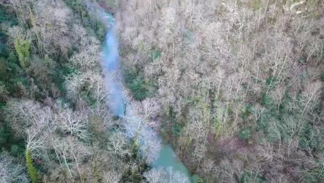 Cold-autumn-landscape-of-vast-forest-territory-with-rapid-mountain-river.-Clip.-Top-view-of-the-river-in-a-mountainous-area-in-autumn