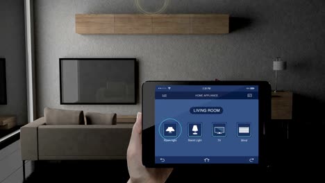 Berühren-IoT-smart-Pad,-Tablet-Anwendung,-Wohnzimmer-mit-TV,-Glühbirne,-Blind-Energieeinsparung-Effizienzkontrolle,-intelligente-Haushaltsgeräte,-Internet-der-Dinge.