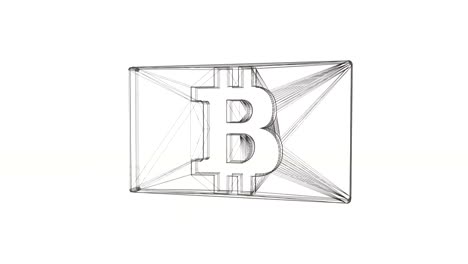 3D-Drahtmodell-Spin-schwarz-und-montieren-in-ein-3d-Bitcoin-Symbol-in-der-Karte.-4-k-sauber-3D-Animation-auf-weißem-Hintergrund