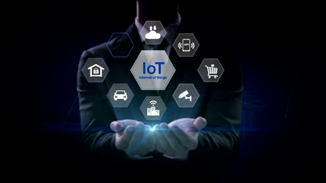 Businessman-open-two-palm,-IoT-hexagon-icon,-Home-security,-cctv,-smart-city,-mobile-app,-car,-internet-of-thing.-4K-size-movie