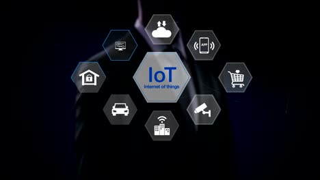 Businessman-touching-IoT-hexagon-icon,-Home-security,-cctv,-smart-city,-mobile-app,-car,-internet-of-thing.-4K-size-movie