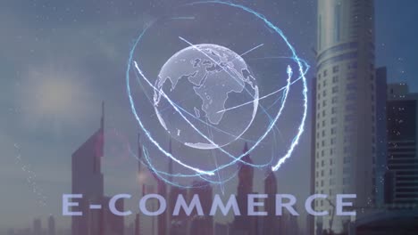 E-commerce-text-with-3d-hologram-of-the-planet-Earth-against-the-backdrop-of-the-modern-metropolis