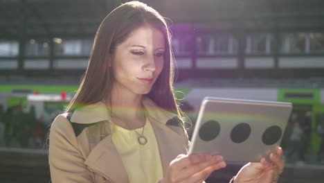 Junge-attraktive-Frau-kaukasischen-mit-Tablet-PC-am-Bahnhof