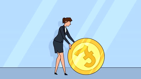 Flat-cartoon-businesswoman-character--roll-pound-sterling-coin-money-concept-animation-with-alpha-matte