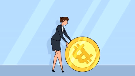 Flat-cartoon-businesswoman-character--roll-bitcoin-coin-money-concept-animation-with-alpha-matte