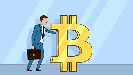 El-personaje-de-empresario-de-dibujos-animados-con-bolsa-de-caja-empuja-una-animación-de-concepto-de-Bitcoin-signo-de-dinero-con-alfa-mate