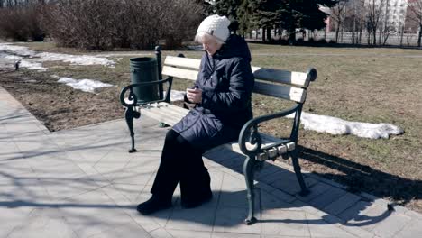 Una-anciana-anciana-sentada-en-un-banco-en-el-parque-al-aire-libre-y-usando-un-teléfono-inteligente-tocando-ella-está-usando-el-teléfono-inteligente-para-conectarse-con-personas-en-redes-sociales,-mensajes-de-texto-Ang-buscando-Internet