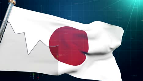 Bandera-de-Japón-sobre-los-antecedentes-bursátiles,-el-comercio-financia-Tokio,-moneda-de-cambio