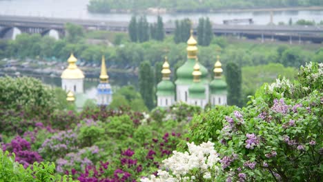 Frühling-Kiew-Panorama-nach-dem-Regen-Kirche-blühen-lila-Ukraine-4k-Video