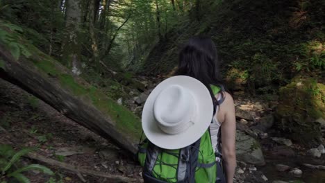 Rear-view-of-female-hiker-walking-with-backpack-among-rocks-and-forest.-A-brunette-girl-with-a-hat-on-her-backpack-walks-in-a-mountain-canyon.