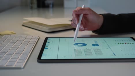 Business-woman-working-on-tablet-computer-and-analyzing-a-marketing-report-on-white-desk