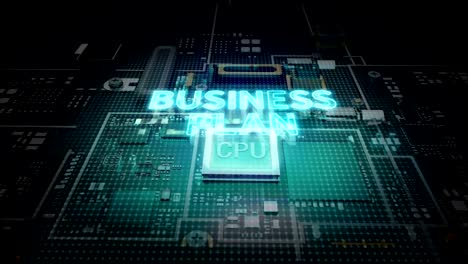 Hologram-typo-'Business-Plan'-on-CPU-chip-circuit,-artificial-intelligence.