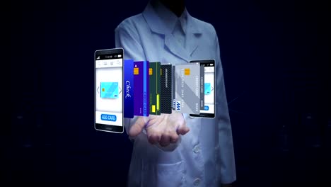 Female-researcher,-Engineer,-doctor-open-palm,-Select-credit-card-in-smartphone,-mobile,-concept-of-mobile-payment,-select-main-mobile-credit-card.