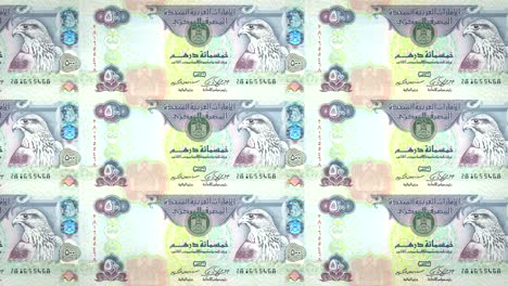 Banknoten-von-fünfhundert-Dirham-Schleife-Araber-Rollen-auf-dem-Bildschirm,-Bargeld,