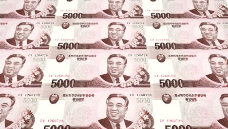 Banknotes-of-five-thousand-wons-of-North-Korea-rolling,-cash-money,-loop