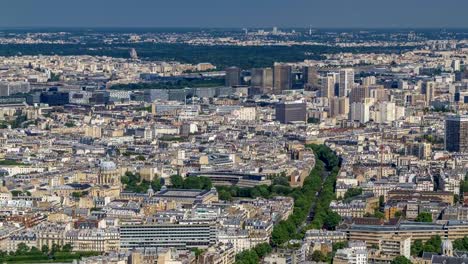 Top-view-of-Paris-skyline-from-observation-deck-of-Montparnasse-tower-timelapse.-Main-landmarks-of-european-megapolis.-Paris,-France