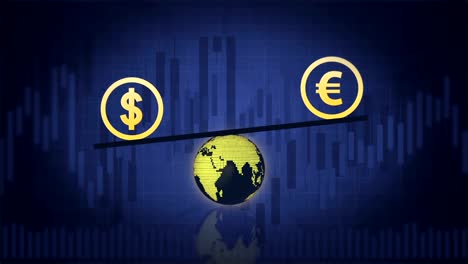 Dollar-und-Euro-sind-über-der-Erde-auf-dem-dunkelblauen-Hintergrund-mit-Diagrammen-balancing.