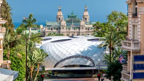 Wasser-Brunnen-und-Gärten-Timelapse,-vor-dem-Casino-Monte-Carlo