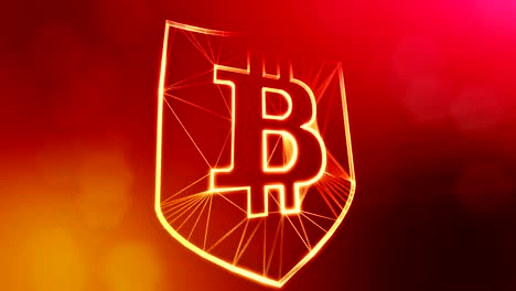 Bitcoin-Logo-in-den-Schild.-Finanzieller-Hintergrund-aus-Glühen-Teilchen-als-Vitrtual-Hologramm.-Glänzende-Schleife-3D-Animation-mit-Tiefe-Feld,-Bokeh-und-Kopie...-Roten-Hintergrund-v1