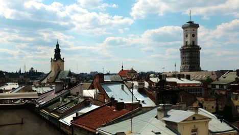 Beautiful-roof-cityscape-of-Lviv-city,-ancient-architecture,-elegant-decay