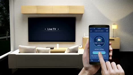 Touching-IoT-smart-phone,-mobile-application,-Security-control-in-Living-room,-Smart-home-appliances,--internet-of-things.-4k-movie.