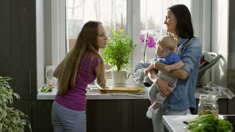 Female-Couple-with-Baby-Chatting-in-Kitchen