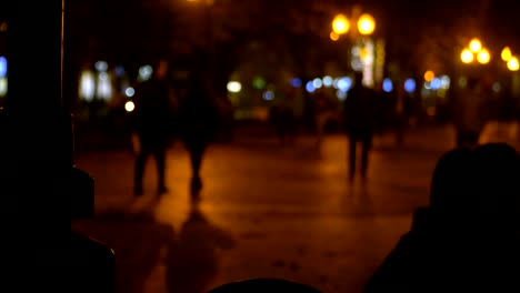 Personas-caminando-en-el-parque-de-noche.-Ciudad-de-noche.-Están-brillando-las-luces-de-la-noche.