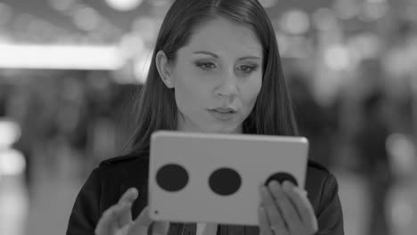 Good-looking-Caucasian-lady-texting-messages-and-sending-data-on-digital-tablet