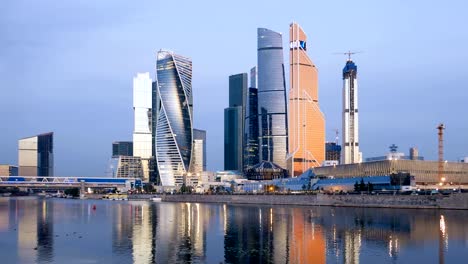 Morning-hyperlapse-of-Moscow-City-(Moscow-International-Business-Center)-and-calm-Moskva-river,-Russia.