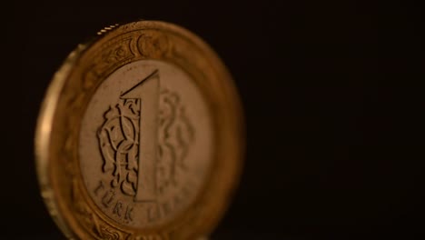 One-Turkish-Lira-Coin-is-rotating-on-a-black-background,-close-up-footage.