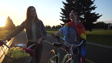 Atractiva-pareja-gay-hablando-caminando-con-bicicletas