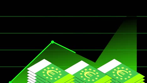 Euro-Fall-in-einem-Haufen-auf-schwarzem-Hintergrund-grüne-Linie-Graph