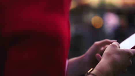 Close-up-view-of-female-person-using-mobile-phone-app-for-chatting-online,-woman's-hands-holding-smartphone-connected-to-4G-internet-while-typing-on-screen-text-message