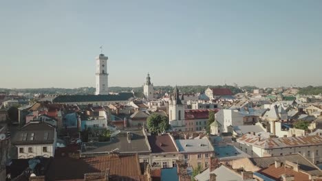 Aerial-City-Lviv,-Ukraine.-European-City.-Popular-areas-of-the-city.-Town-Hall