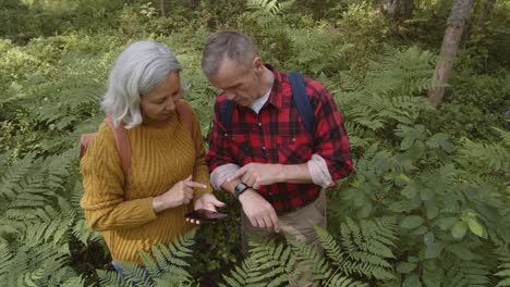 Älteres-Familienpaar-mit-modernen-Geräten-im-Wald