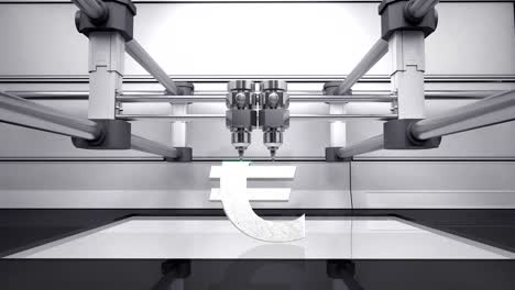 3D-printer-making-Euro-money-grey-currency-sign,-3D-scanner