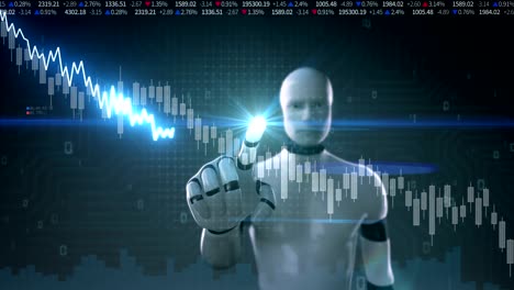 Roboter-Bildschirm-berührt,-animierte-Diagramme-der-Börse.-Linie-zu-verringern.