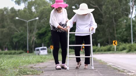 Daughter-take-care-elderly-woman-walking-on-street