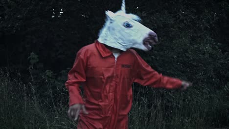 4K-Halloween-Mann-mit-Einhorn-Pferd-Maske-tanzen