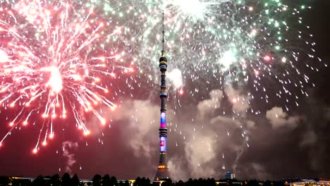 Fireworks-over-the-Television-(Ostankino)-tower,-Moscow,-Russia