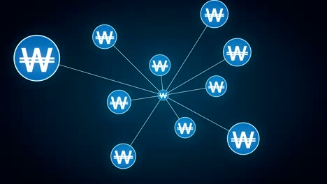 Ganó-el-símbolo-de-moneda,-numerosos-puntos-se-reúnen-para-crear-un-signo-de-moneda,-puntos-hace-mundial-mapa,-internet-de-las-cosas.-technology.2-financieros.