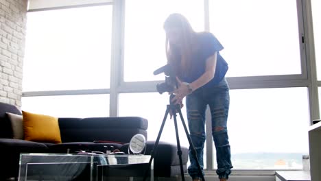 Girl-Recording-Vlog-Video-Blog-At-Home-With-Digital-Camera