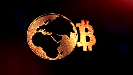 Signo-de-bitcoin-y-la-tierra,-el-mundo.-Fondo-financiero-hecho-de-partículas-de-brillo-como-holograma-vitrtual.-Animación-loop-3D-brillante-con-la-profundidad-de-campo,-bokeh-y-copia.-Fondo-oscuro-1