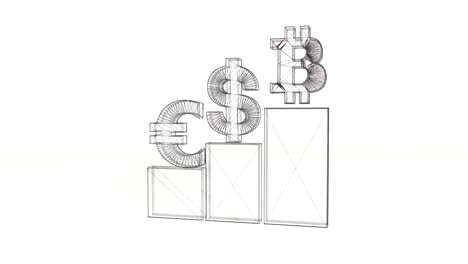 3D-negro-alambre-de-la-vuelta-y-montar-a-un-dólares-de-bitcoin-3d-símbolos-de-euro-en-coloms.-4-k-limpia-de-animación-en-3d-sobre-fondo-blanco