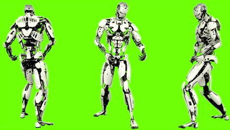 Android-Roboter-spielt-Gitarre.-Realistische-geschlungene-Bewegung-auf-green-Screen-Hintergrund.-4K