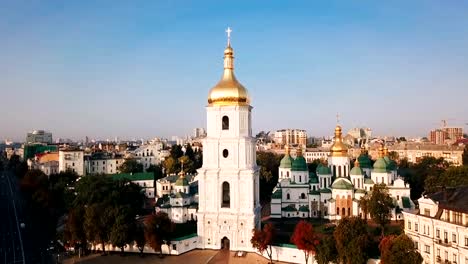 Kiev-Kiyv-Ukraine-with-Places-of-Interest.-Saint-Sophia's-Cathedral,-square-with-Bohdan-Khmelnytsky-Monument.-Aerial-drone-video-footage.-Sunrise-light